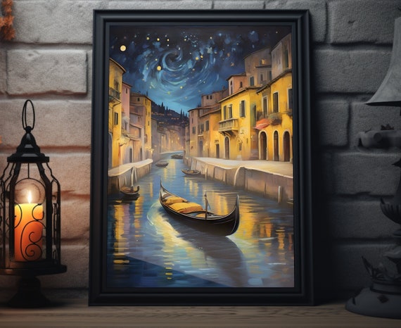 Italy Starry Night Matte Wall Art Italian Gondola Artwork Coastal City Print Italian Painting Italian Decor Italy Folk Art Poster