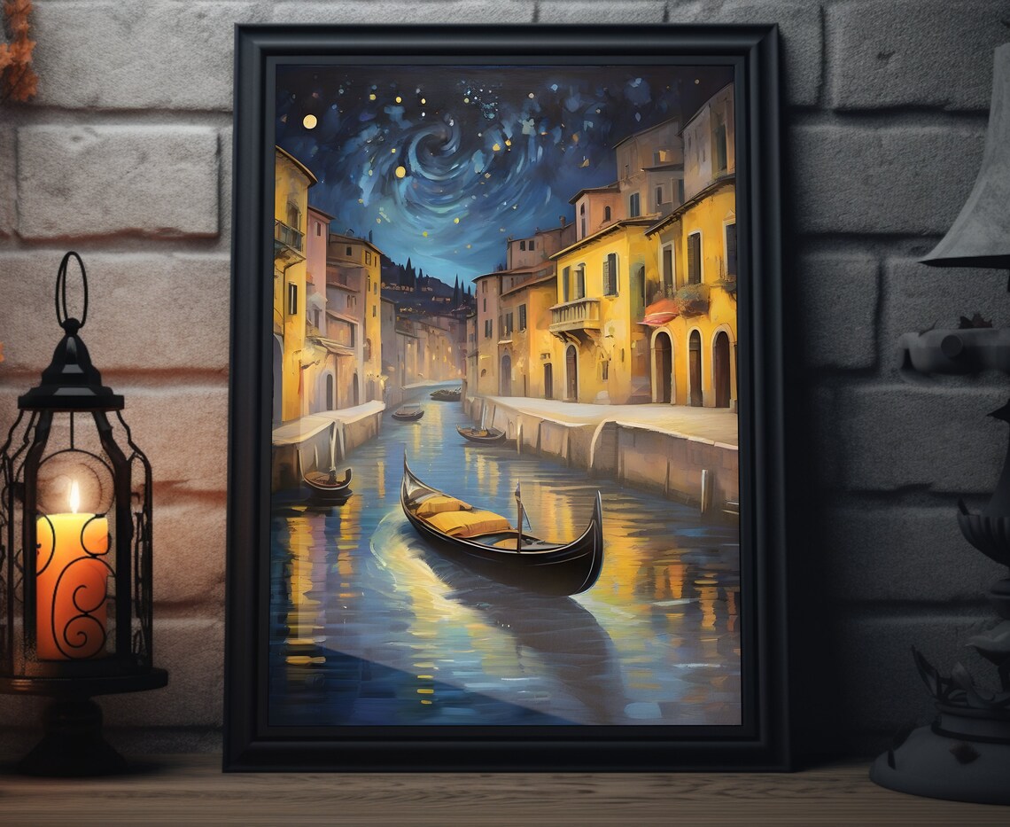 Venice Italy Starry Night Gondola Canal Old Town Buildings Water View Poster