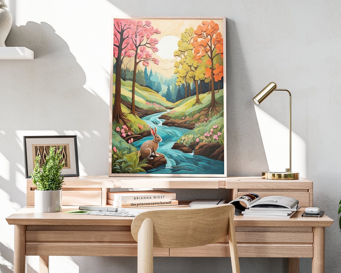 Spring Forest Rabbit Folk Art Blue Stream Blossom Trees Poster - Image 4
