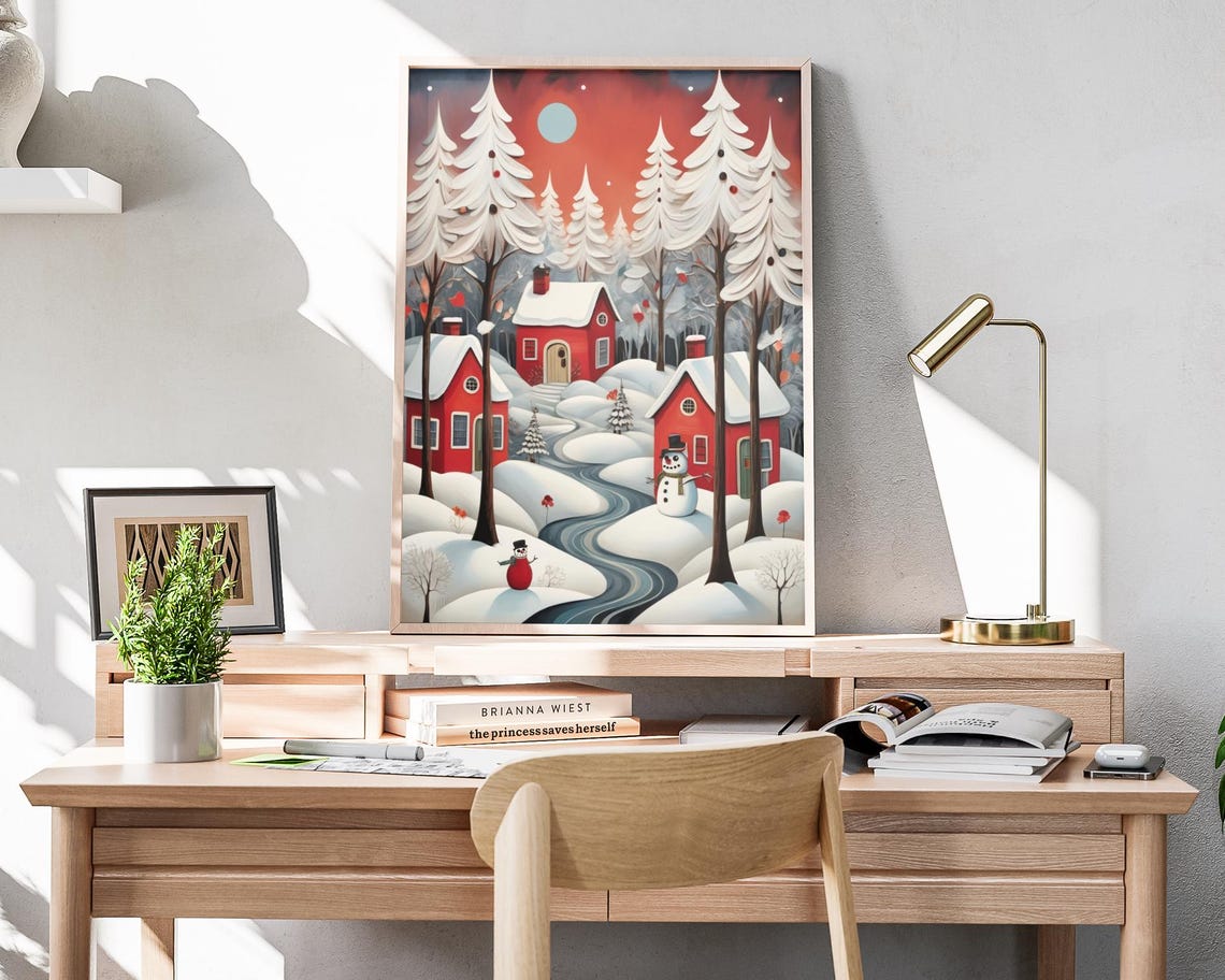 Red Cabins In Snowy Forest Snowmen Red Sunset Winter Art Poster - Image 4