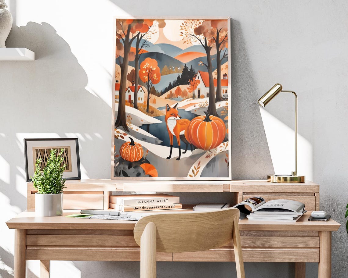 Autumn Red Fox Pumpkin Hillside Cottage Fall Foliage Art Poster - Image 4