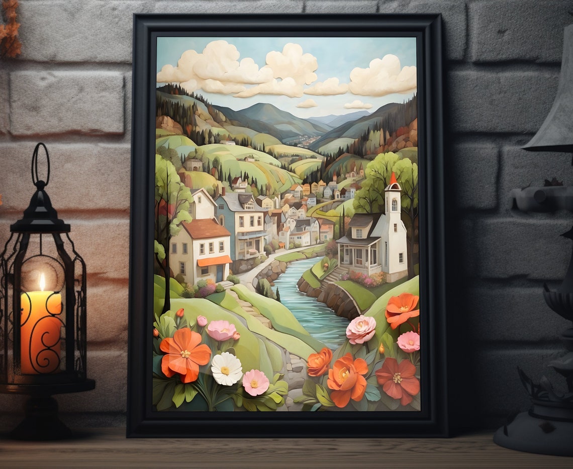 Spring Village Valley River Church Blossom Folk Art Wall Poster