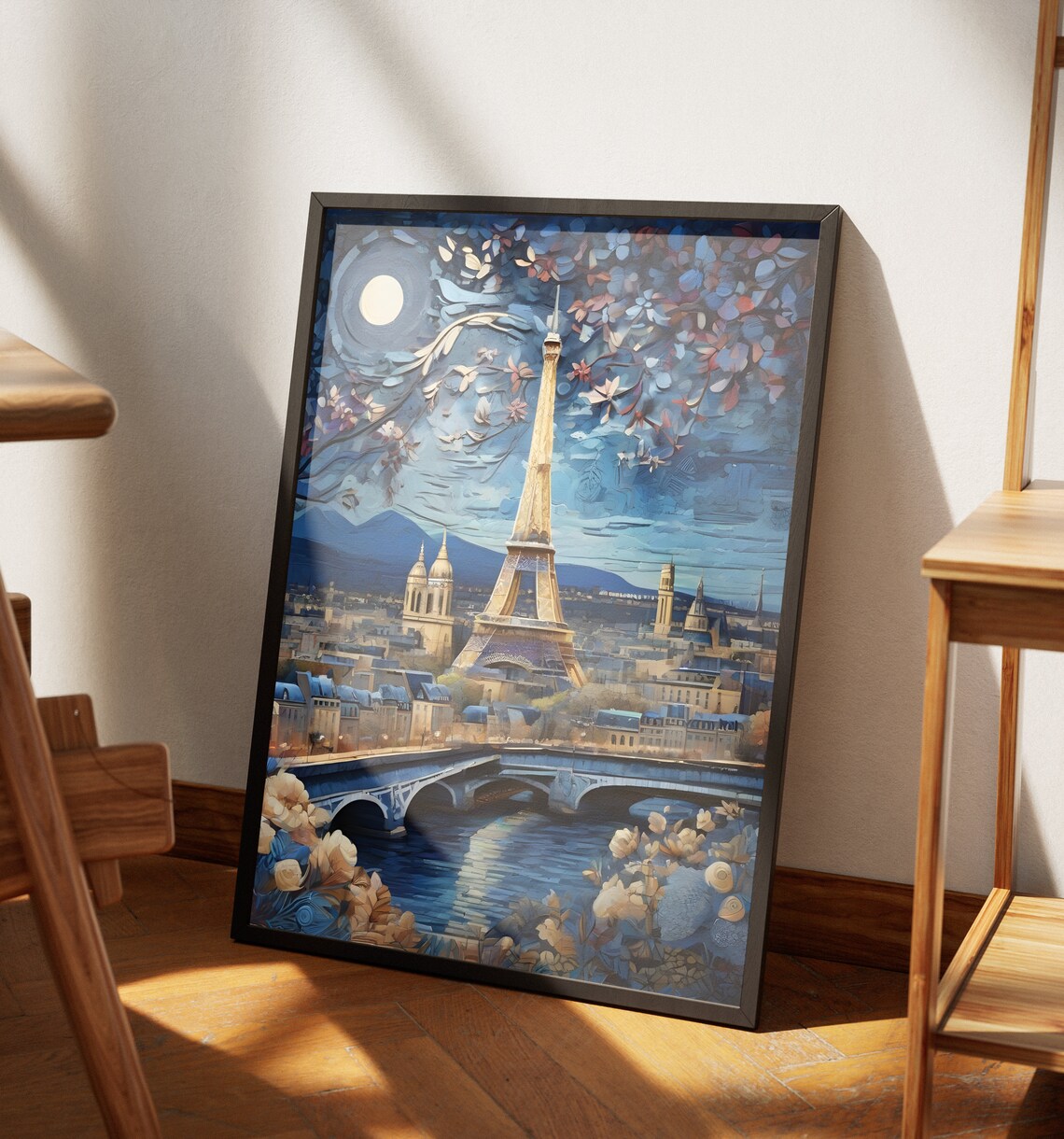 Paris Eiffel Tower Moonlit Night Blue Sky Blossoms Seine Bridge Art Poster - Image 4