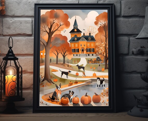 Dogs Playing Among Pumpkins In Front Of Orange Mansion Autumn Art Poster