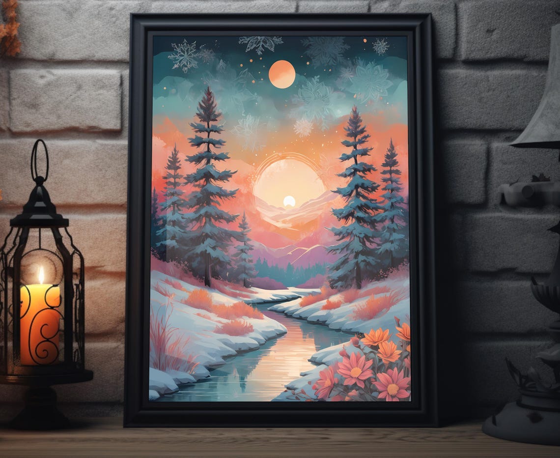 Glowing Winter Sunset Over Snowy Creek Pines Warm Art Poster