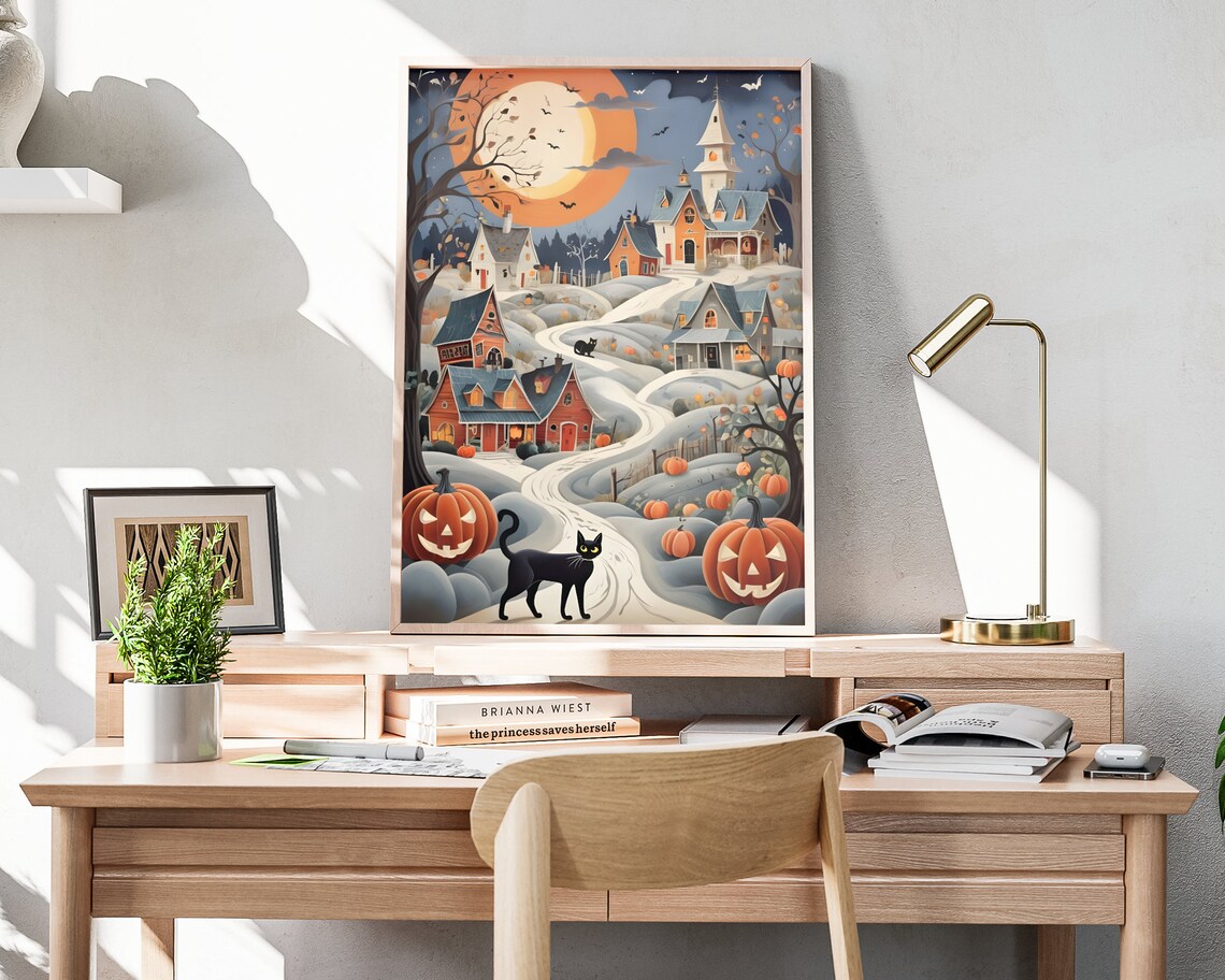 Vintage Halloween Village With Black Cat Pumpkins Moonlight Art Poster - Image 4