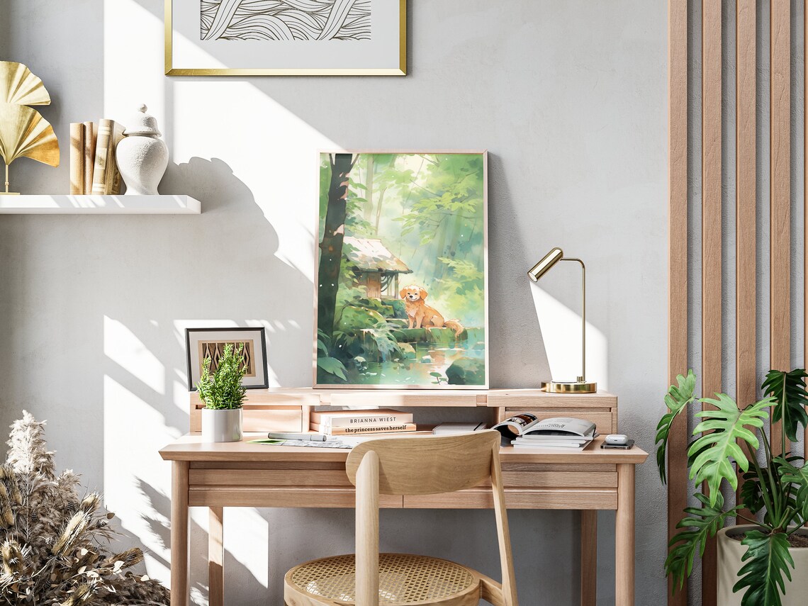 Golden Dog Forest Pond Watercolor Woodland Cabin Serene Pet Art Poster - Image 4