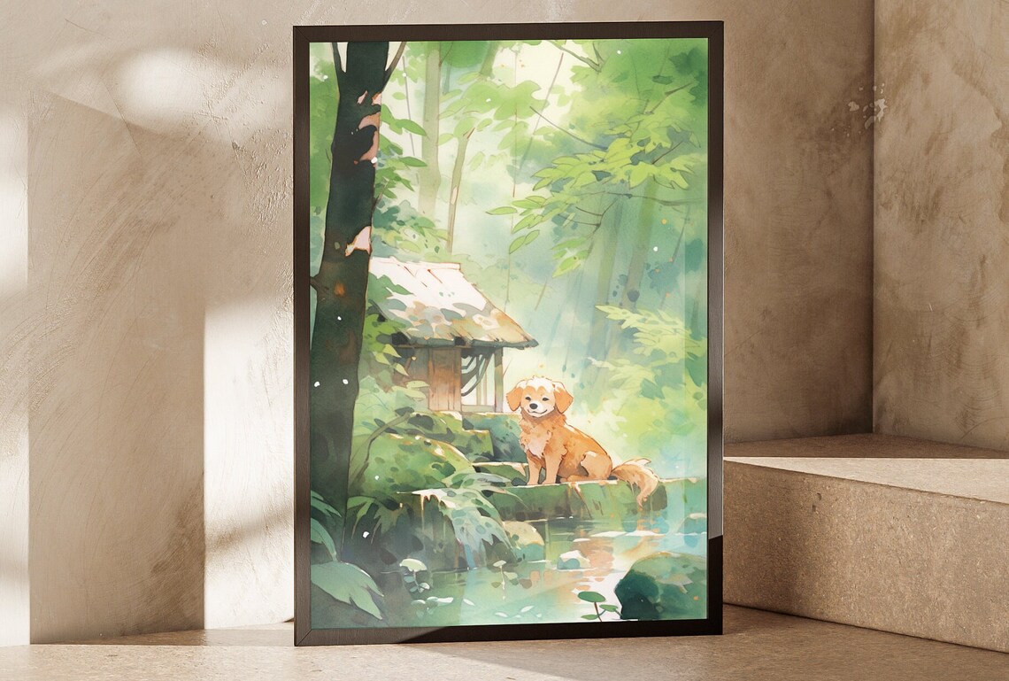 Golden Dog Forest Pond Watercolor Woodland Cabin Serene Pet Art Poster