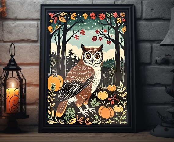 Brown Owl Among Pumpkins Autumn Trees Woodcut Style Fall Wall Poster
