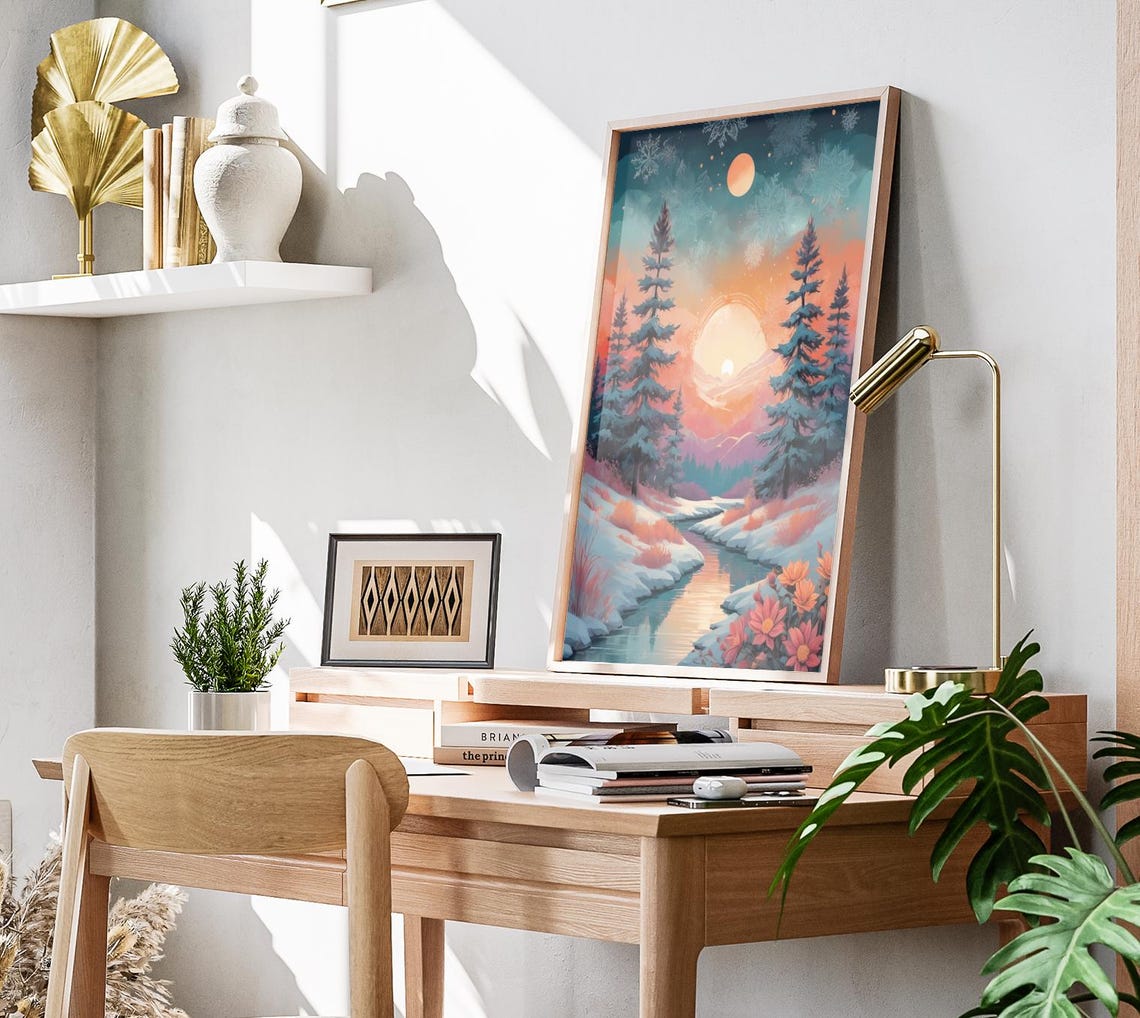 Glowing Winter Sunset Over Snowy Creek Pines Warm Art Poster - Image 3