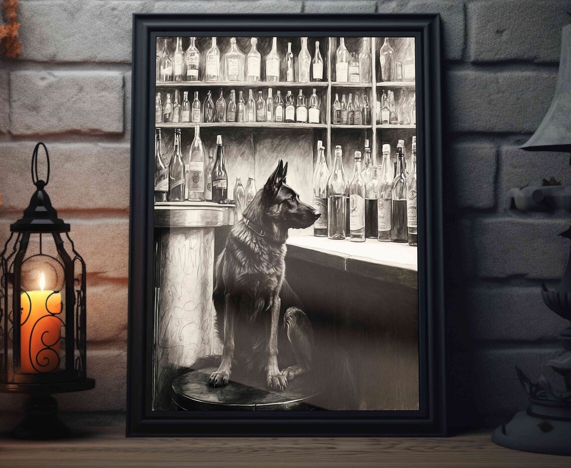 Black German Shepherd Bar Art Print, Dog Lover Decor