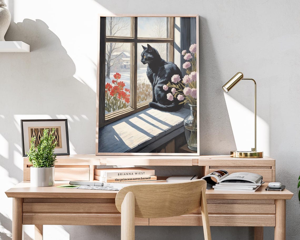 Black Cat On Windowsill Watching Snowy Garden Winter Wall Art Poster - Image 4