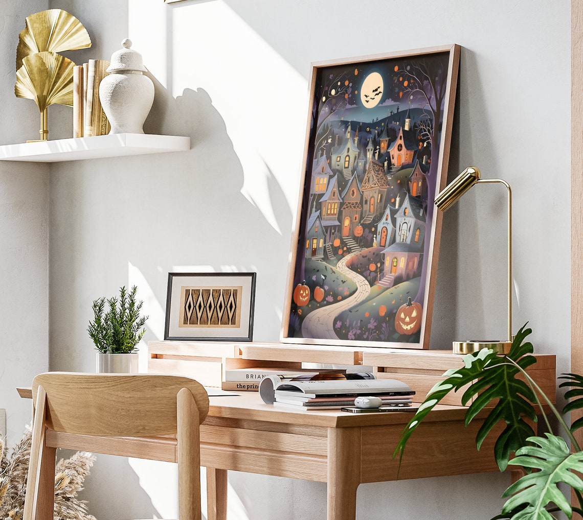 Whimsical Halloween Town With Crooked Houses Moonlight Art Poster - Image 3