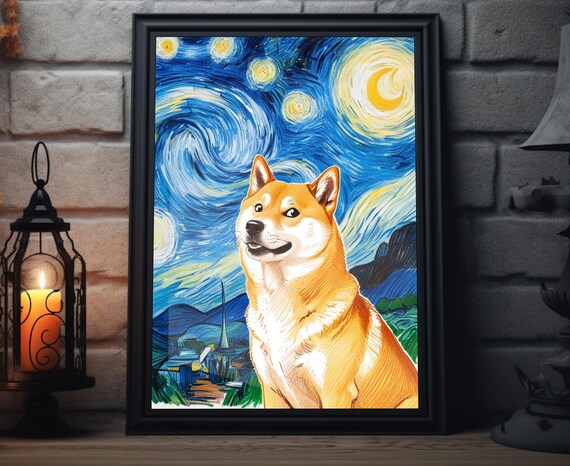 Doge Shiba Inu Starry Night Van Gogh Inspired Crypto Meme Art Poster