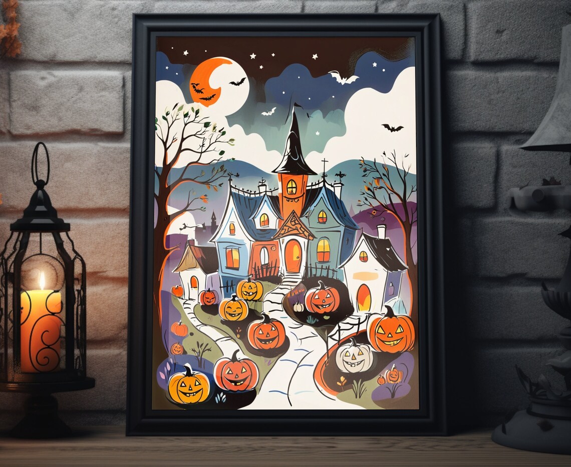 Halloween Pumpkin Village Haunted House Moon Bats Art Poster