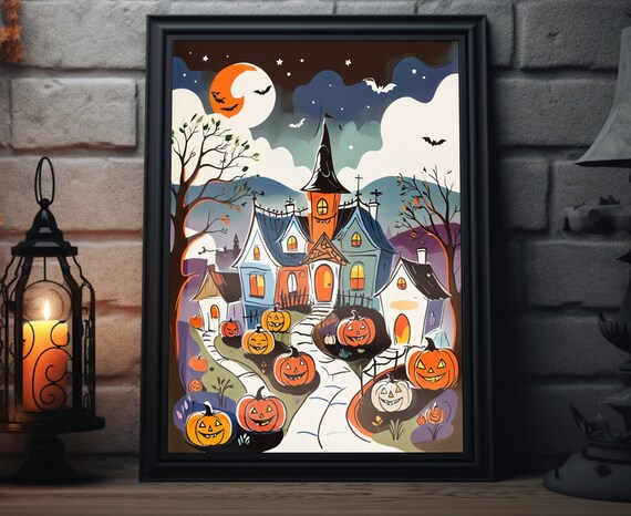 Halloween Pumpkin Village Haunted House Moon Bats Art Poster
