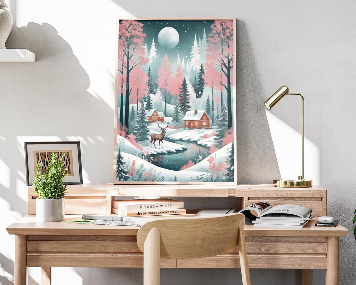 Moonlit Winter Cabin Deer Snowy Forest Pink Trees Night Poster - Image 4