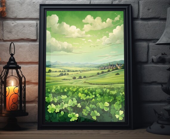 Ireland Emerald Countryside Shamrock Fields Rolling Hills Village Poster