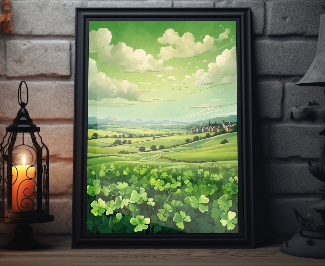 Ireland Emerald Countryside Shamrock Fields Rolling Hills Village Poster