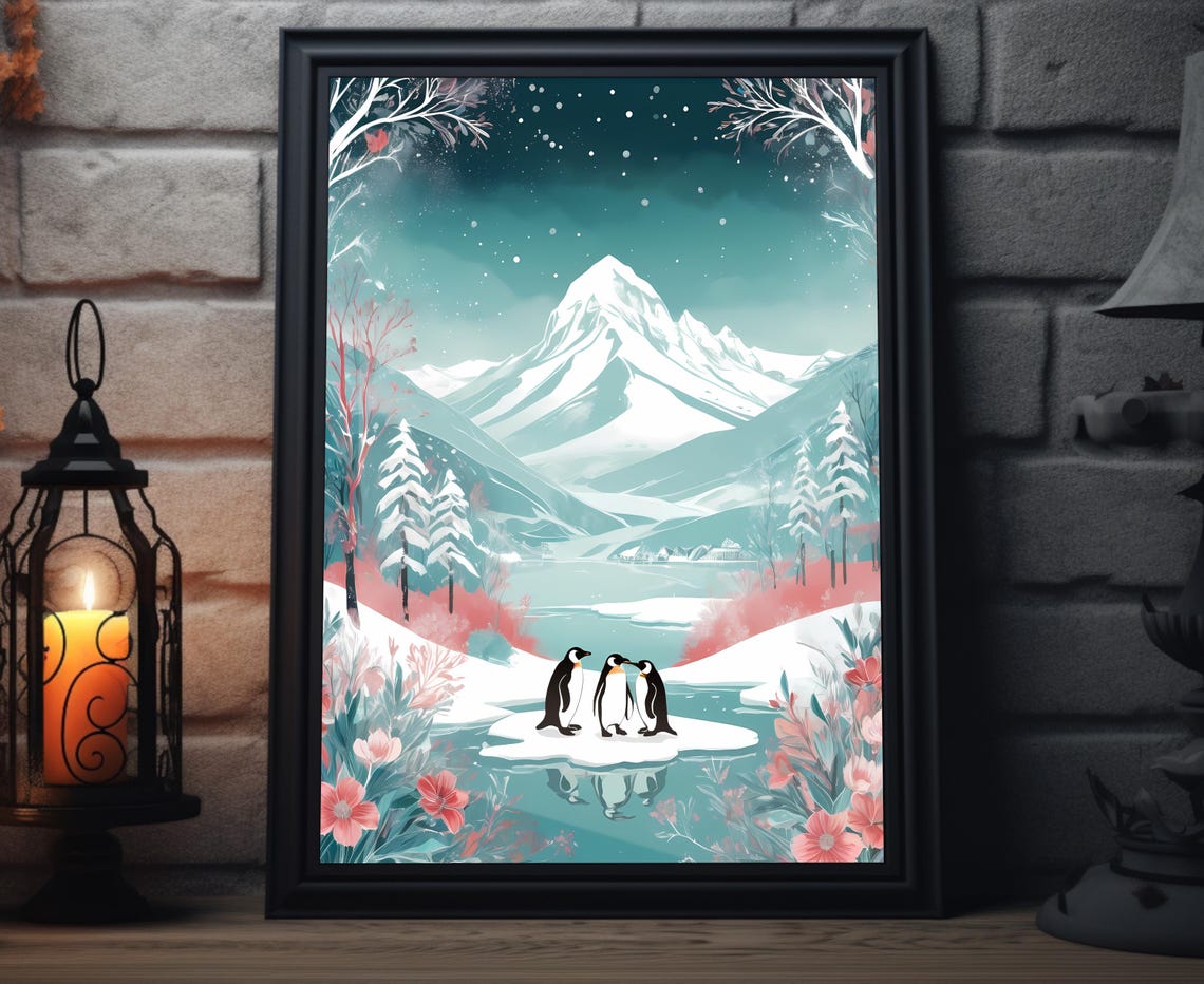 Penguins On Ice Floe In Pastel Winter Mountain Lake Art Poster