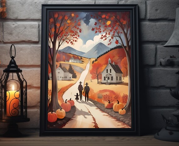 Autumn Countryside Family Walk Farmhouse Pumpkins Fall Road Poster