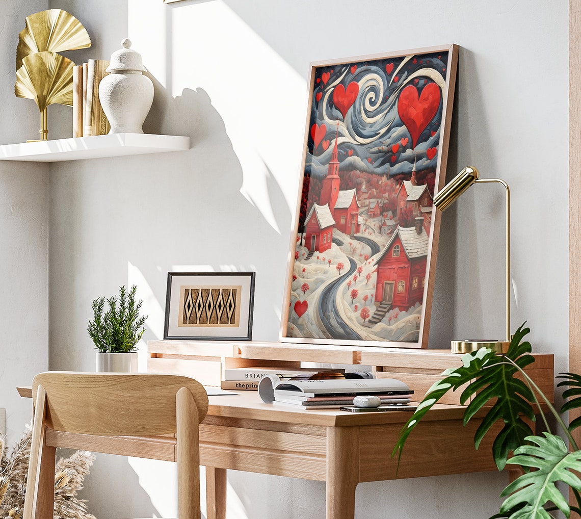 Valentines Starry Night Hearts Snowy Red Village Romantic Art Poster - Image 3