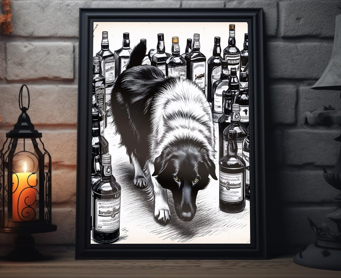 Border Collie Walking Through Whiskey Bottles Bar Sketch Poster