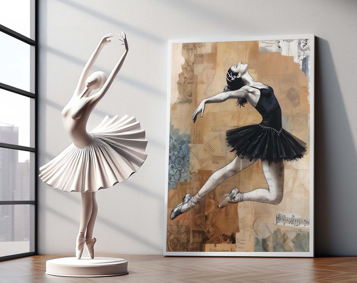 Ballerina Collage Canvas Vintage Ballet Dancer Mixed Media Neutral Tones Poster