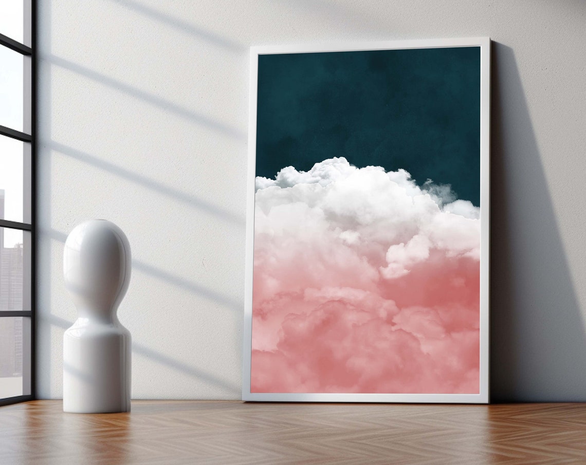 Pink Clouds Against Deep Teal Sky Minimalist Dreamy Cloud Art Poster