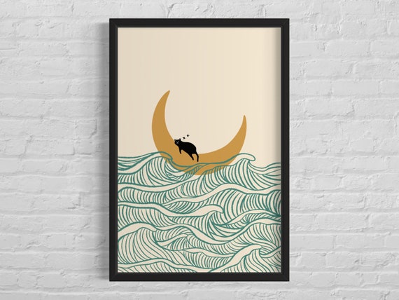 Cat On The Moon Line Art Wall Poster Print Animal Love Cat Illustration Moon Minimalistic Home Decor