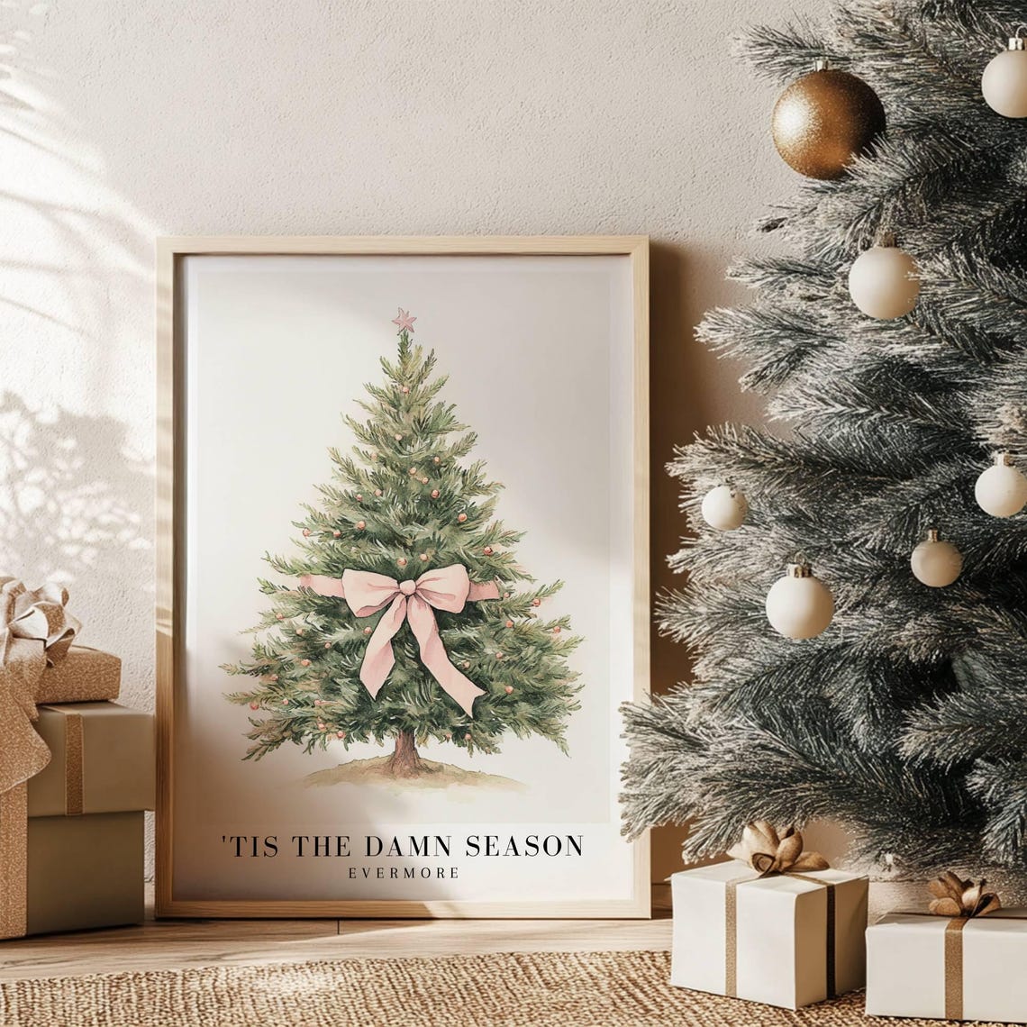 Tis The Damn Season Evermore Album Watercolor Art Print Festive Poster Holiday Decorations Christmas Tree Pink Ribbon Seasonal Art - Image 3