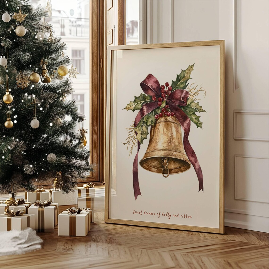 Christmas Golden Bell Holly Berries Ribbon Watercolor Art Poster - Image 3