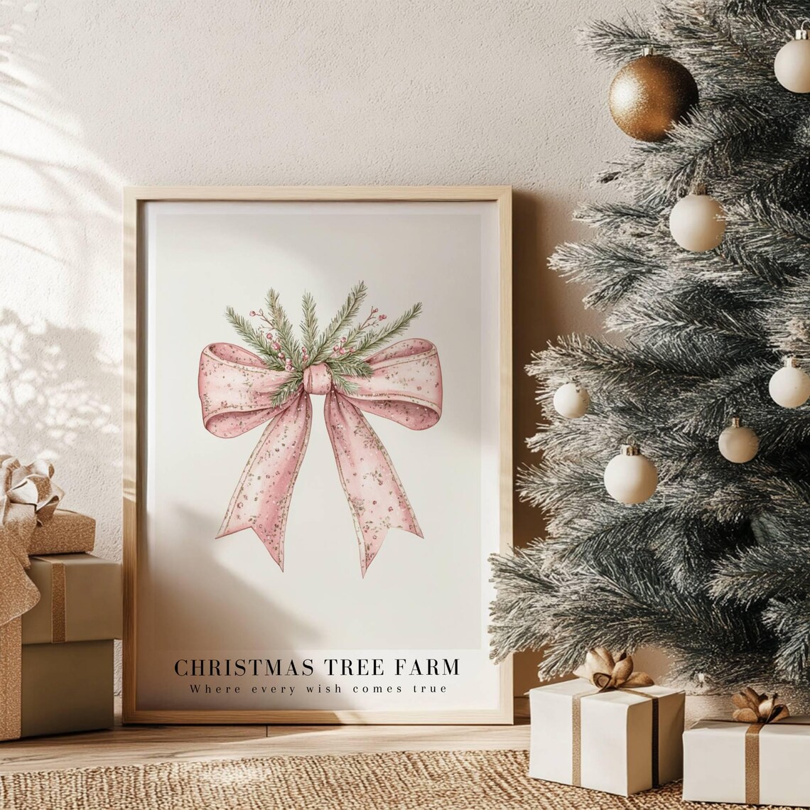 Christmas Tree Farm Pink Ribbon Watercolor Art Print - Image 3