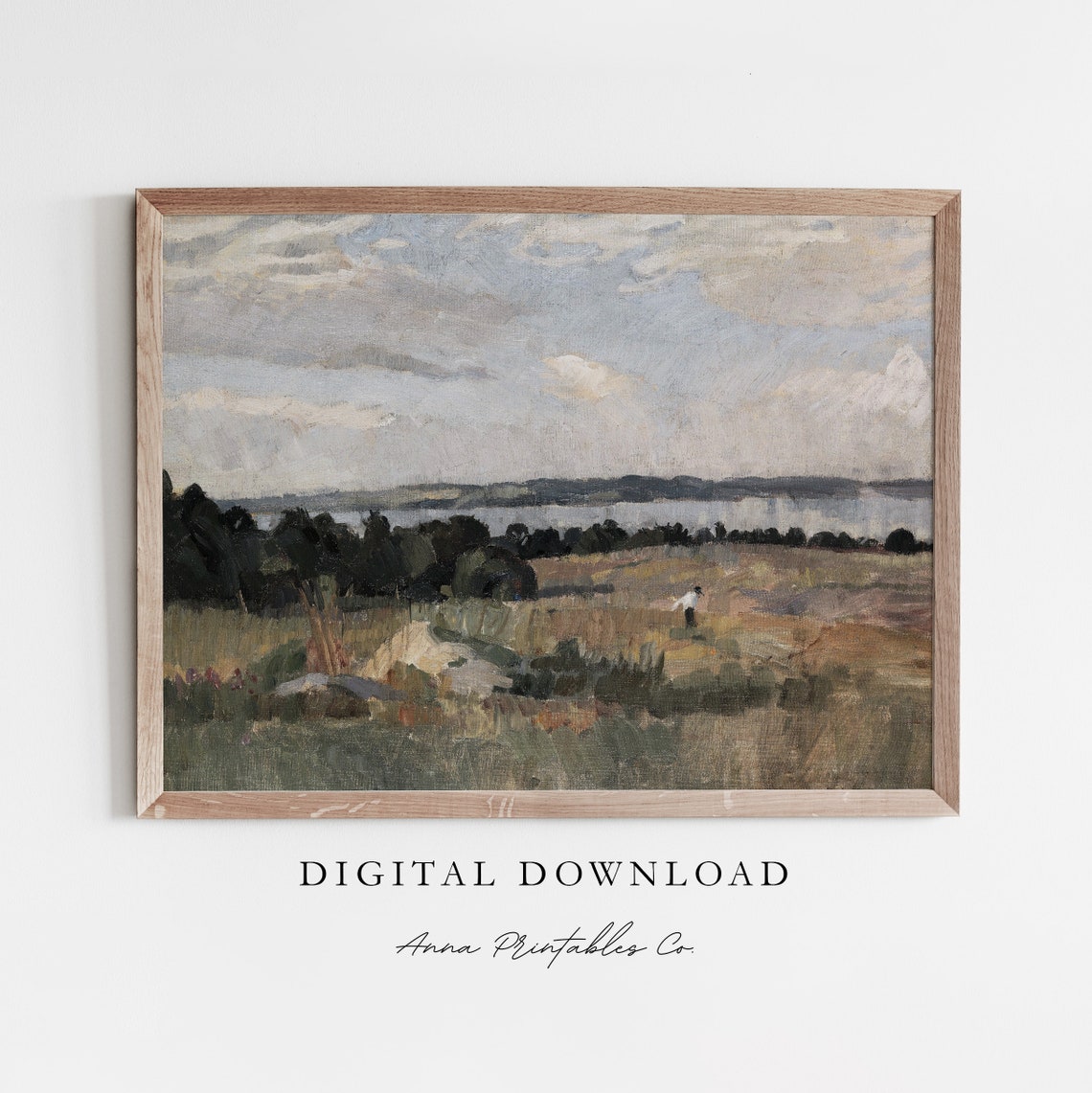 Pastoral Meadow with Distant Lake Cloudy Sky Vintage Landscape Print