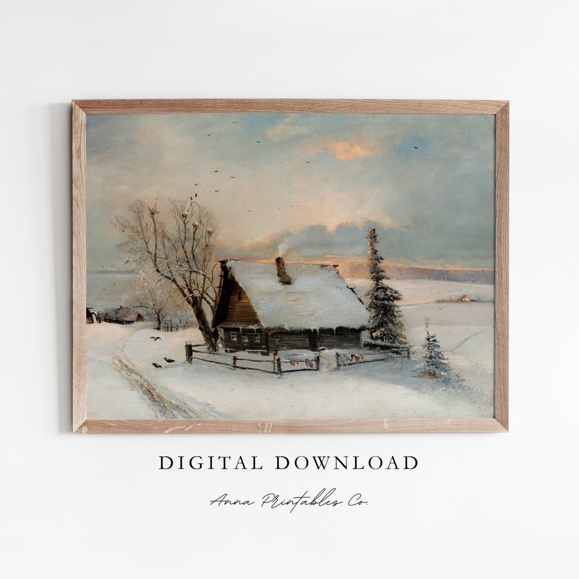 Snowy Winter Cabin at Dusk Cozy Christmas Landscape Painting Print