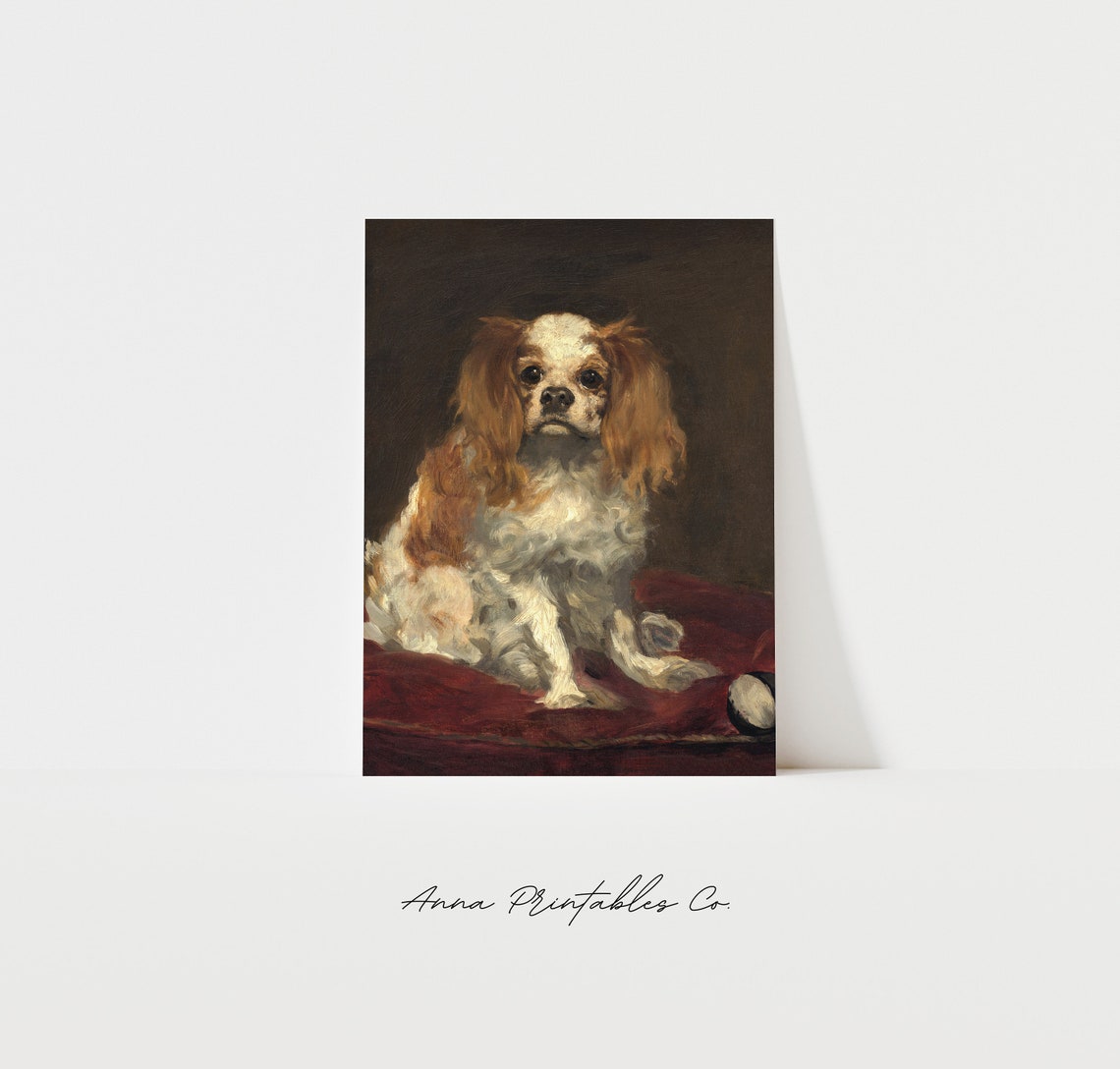 King Charles Spaniel Seated on Red Velvet Antique Dog Portrait Poster