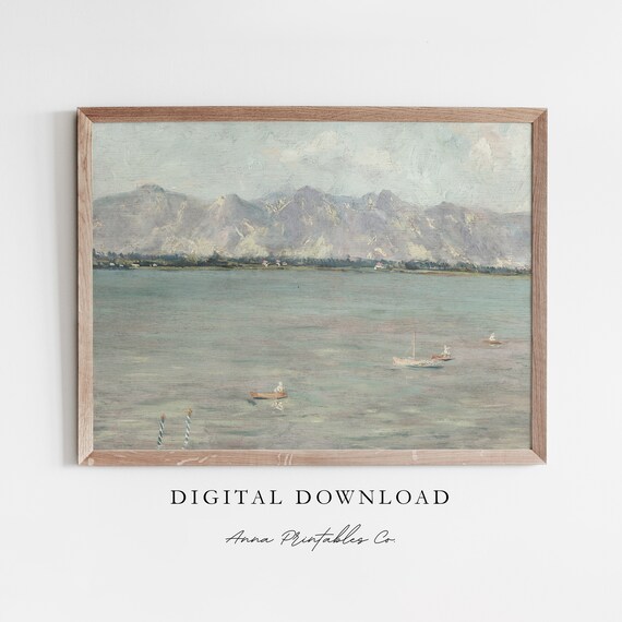 Mountain Lake Antique Landscape Painting For Vintage Nature Scene Wall Art Fine Art Prints Blue Wall Art