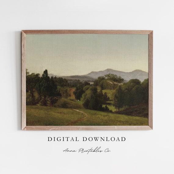 Lush Green Countryside Antique Landscape Painting For Rustic Cottage Wall Art 19th Century Fine Art Prints