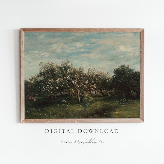 Spring Orchard Antique Blooming Trees Landscape Painting Poster