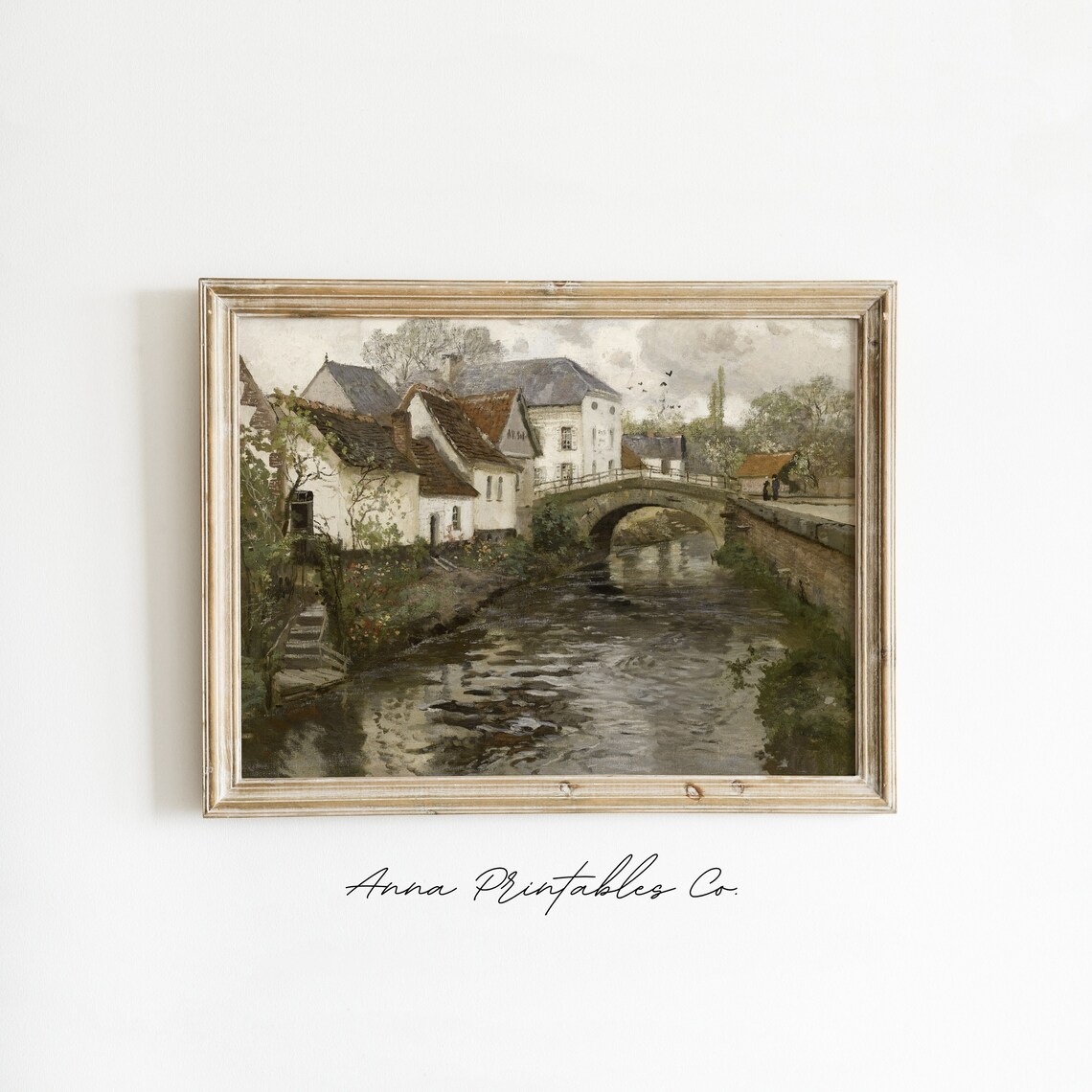 Village Stone Bridge Riverside Vintage European Painting Poster - Image 2