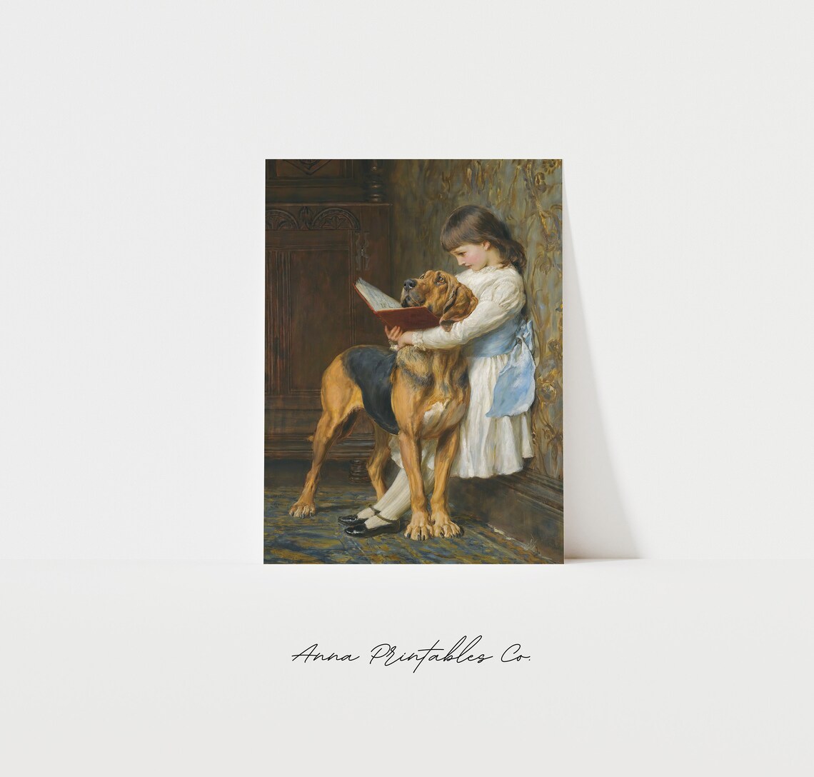 Vintage Girl Reading With Dog Portrait Art Print