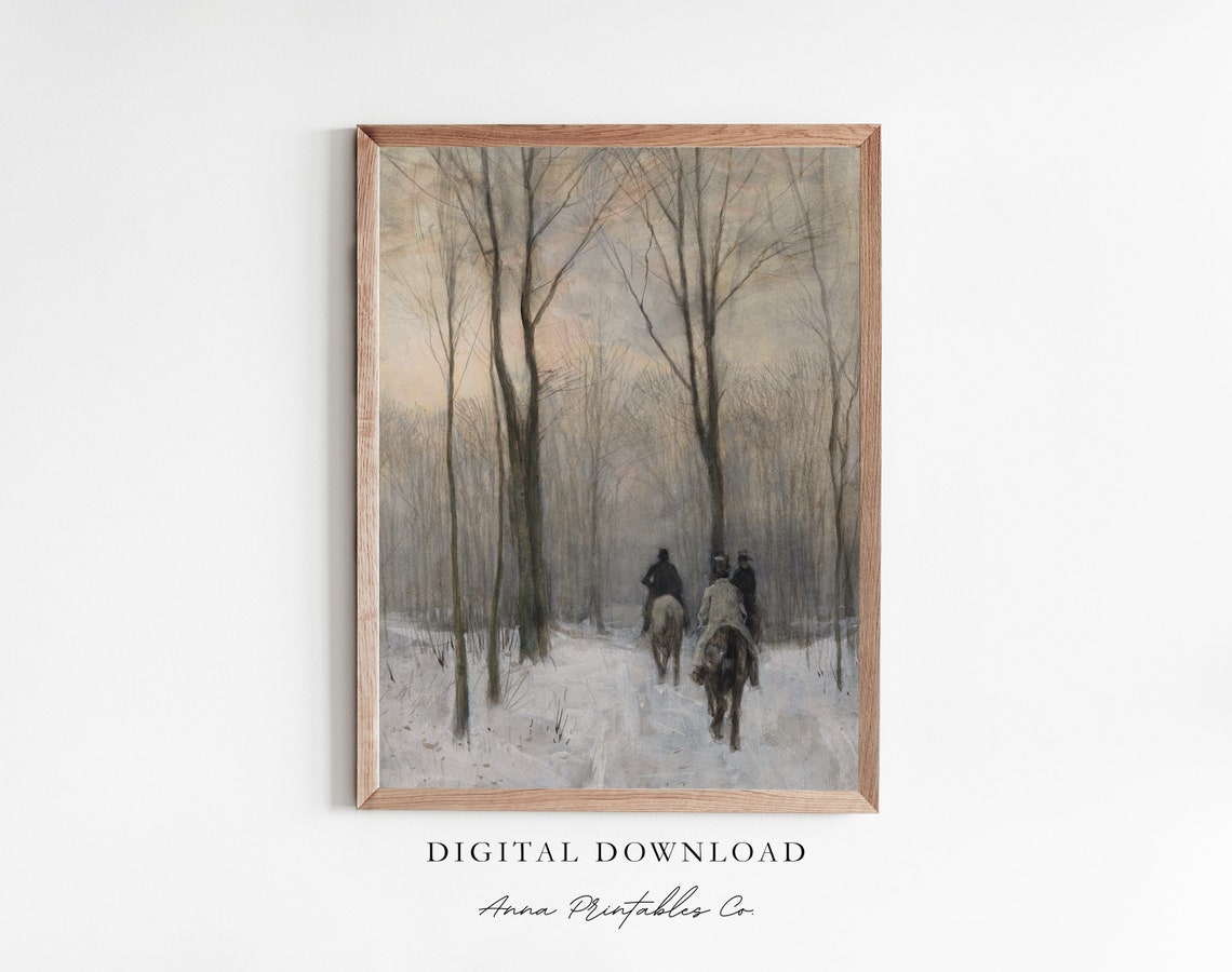 Horseback Riders in a Snowy Forest Vintage Winter Equestrian Poster
