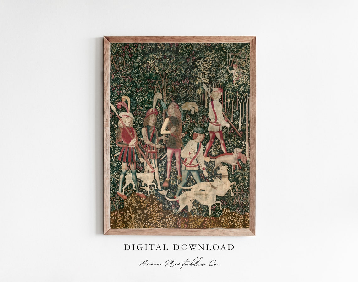 Medieval Hunt Tapestry Style Painting with Dogs and Hunters Poster