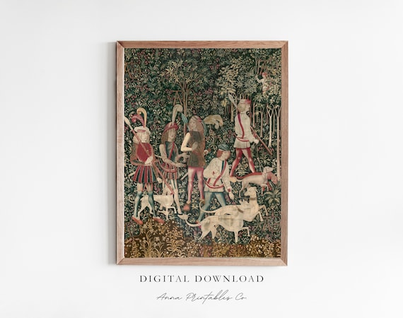 Medieval Hunt Tapestry Style Painting with Dogs and Hunters Poster