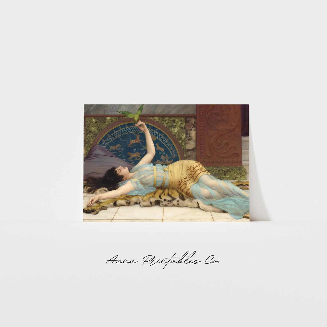 Young Woman In Repose With Green Bird Tiger Skin Classical Poster