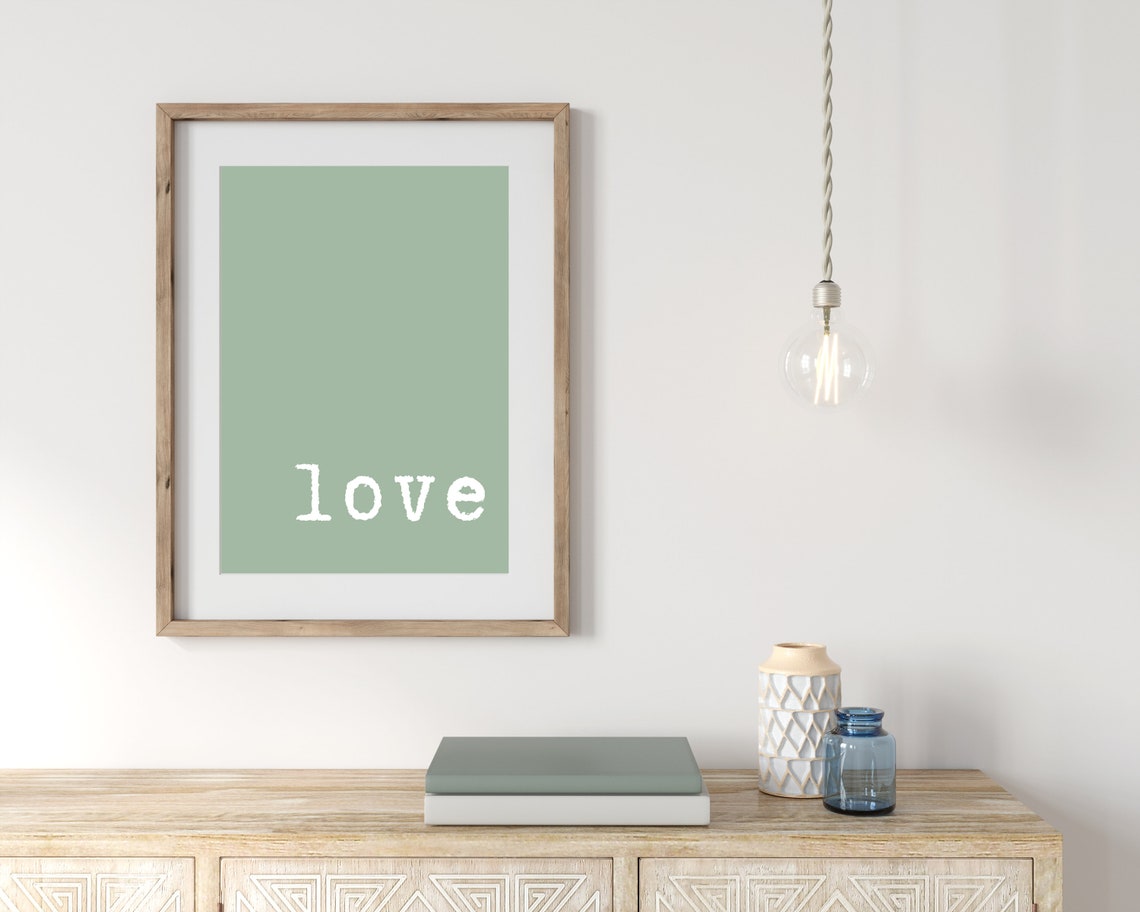Minimalist Love Typography Poster on Soft Sage Green Wall Decor - Image 2