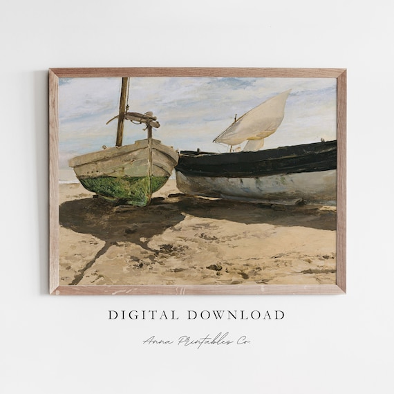 Beached Boats on Sandy Shore Antique Sailboat Seascape Print