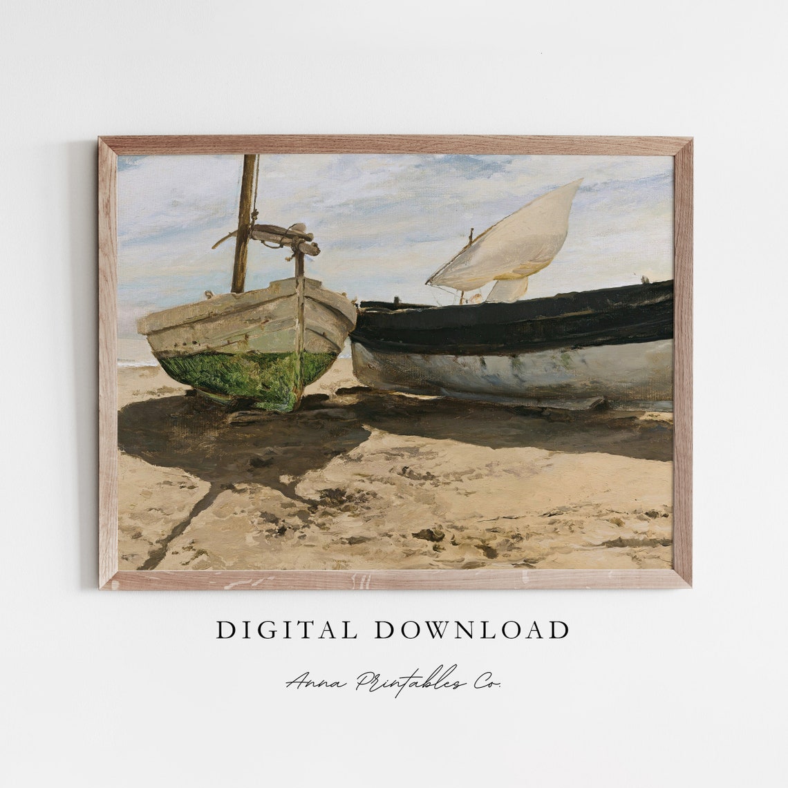 Beached Boats on Sandy Shore Antique Sailboat Seascape Print