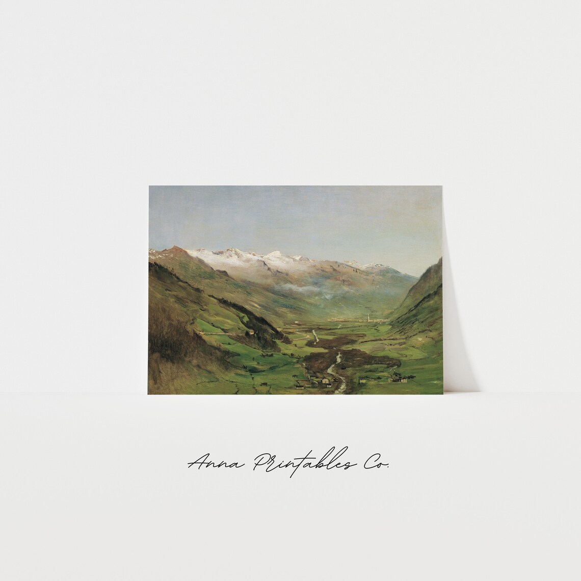 Alpine Valley With Snow Capped Peaks Green Meadows Antique Poster