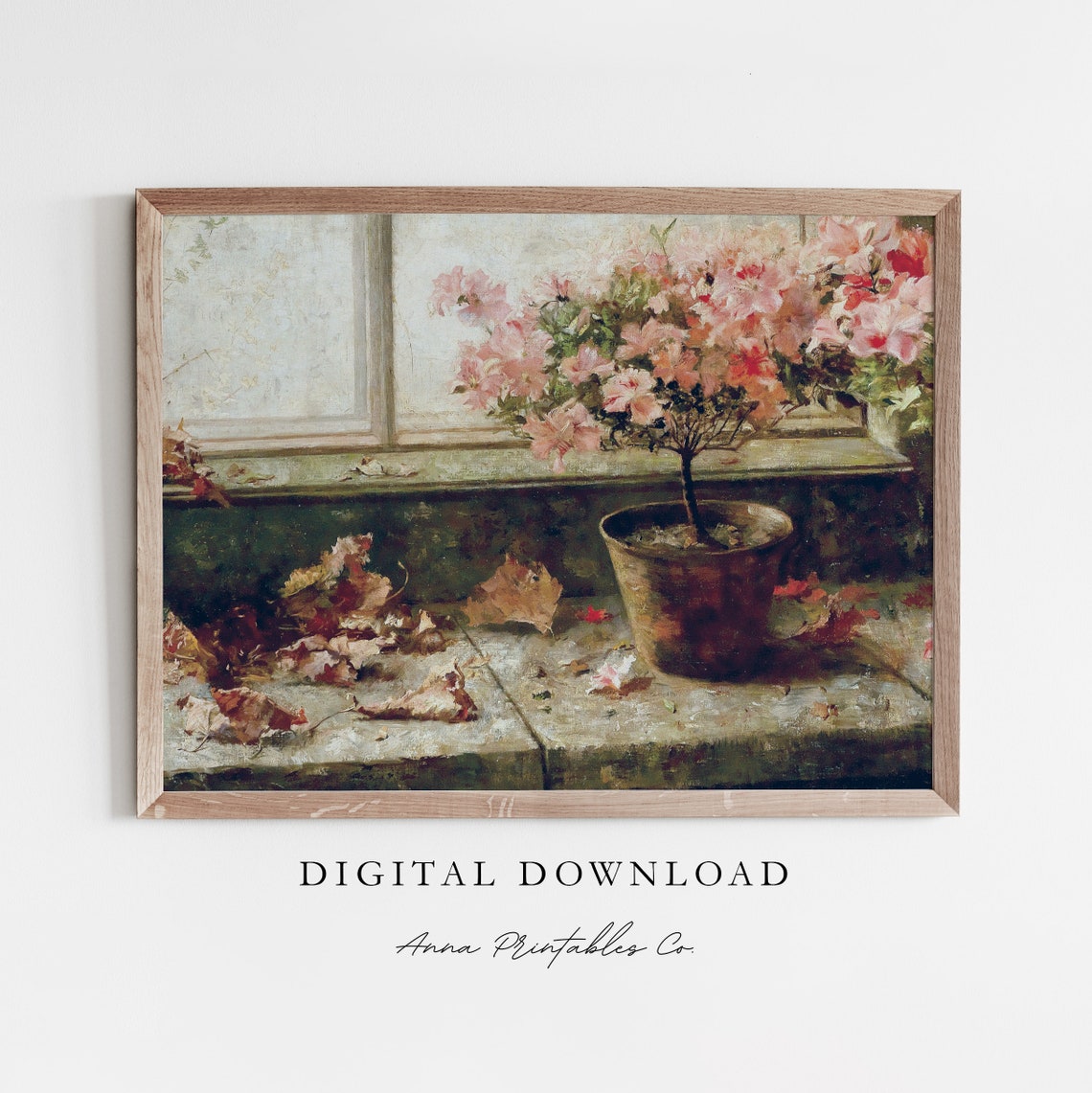 Pink Azalea Still Life Windowsill Autumn Leaves Vintage Poster